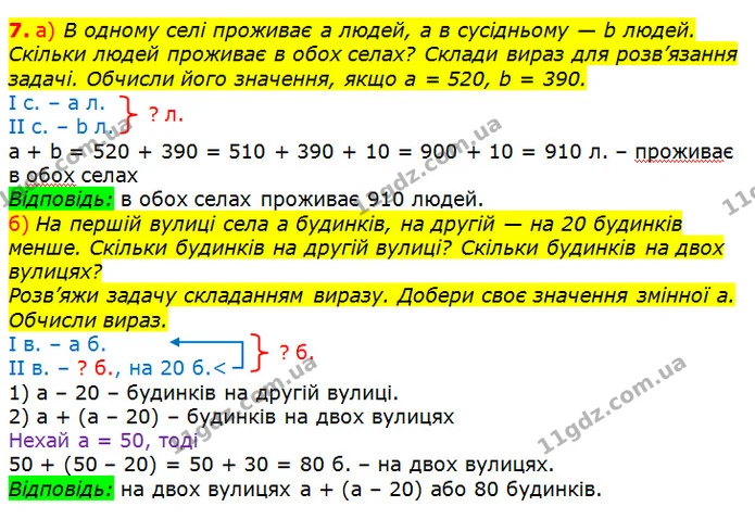7. В одному селі проживає а людей, а в сусідньому — b людей. Скільки людей проживає в обох селах? Склади вираз для розв’язання задачі — ГДЗ Математика 3 клас Заїка 1-2 ч.