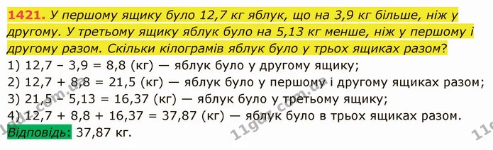 1421. У першому ящику було 12,7 кг яблук, що на 3,9 кг більше, ніж у другому. У третьому ящику яблук було на 5,13 кг менше, ніж у — ГДЗ Математика 5 клас Істер 2022