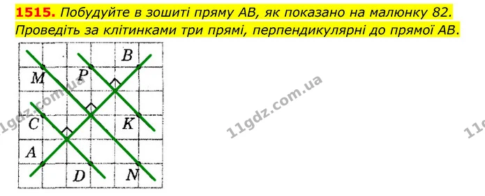 1515. Побудуйте в зошиті пряму AB, як показано на малюнку 82. Проведіть за клітинками три прямі, перпендикулярні до прямої AB. — ГДЗ Математика 6 клас Тарасенкова 2023 1-2 ч.