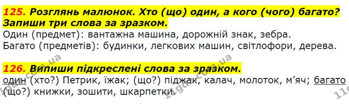 125. Розглянь малюнок. Хто (що) один, а кого (чого) багато? Запиши три слова за зразком. — ГДЗ Українська мова 2 клас Захарійчук