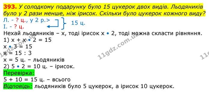 393. У солодкому подарунку було 15 цукерок двох видів. Льодяників було у 2 рази менше, ніж ірисок. Скільки було цукерок кожного виду? — ГДЗ Математика 3 клас Лишенко (1, 2 частина)
