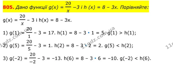 805. Дано функції g(x) = 20x −3 і h (x) = 8 – 3x. Порівняйте: — ГДЗ Алгебра 7 клас Мерзляк, Полонський 2015