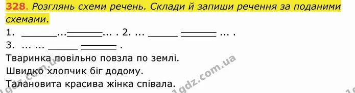 328. Розглянь схеми речень. Склади й запиши речення за поданими схемами. 1. ______...______... . 2. ... _____ ______ ... . 3 — ГДЗ Українська мова та читання 4 клас Захарійчук