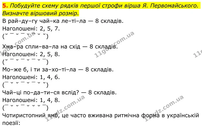 5. Побудуйте схему рядків першої строфи вірша Я. Первомайського. Визначте віршовий розмір. — ГДЗ Українська література 8 клас Авраменко