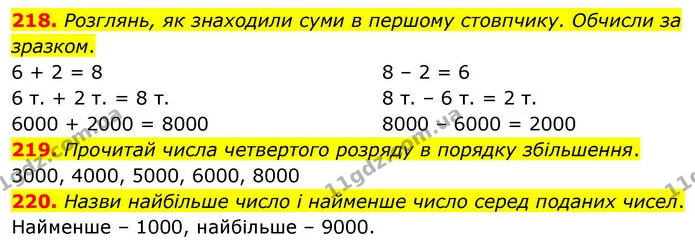 218. Розглянь, як знаходили суми в першому стовпчику. Обчисли за зразком. — ГДЗ Математика 4 клас Листопад