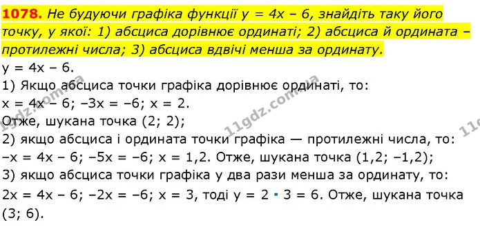 1078. He будуючи графіка функції у = 4х – 6, знайдіть таку його точку, у якої: 1) абсциса дорівнює ординаті; 2) абсциса й ордината – — ГДЗ Алгебра 7 клас Істер 2024
