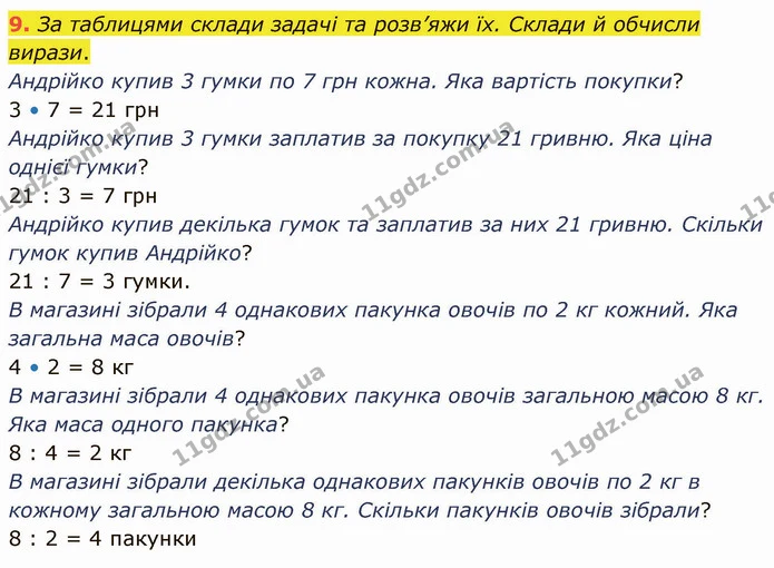 9. За таблицями склади задачі та розв’яжи їх. Склади й обчисли вирази. — ГДЗ Математика 3 клас Логачевська 1-2 ч.