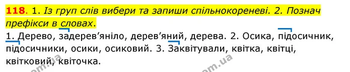 118. 1. Із груп слів вибери та запиши спільнокореневі. 2. Познач префікси в словах. — ГДЗ Українська мова та читання 3 клас Кравцова (1 частина)