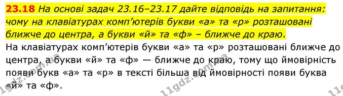 23.18 На основі задач 23.16–23.17 дайте відповідь на запитання: чому на клавіатурах комп’ютерів букви «а» та «р» розташовані ближче до — ГДЗ Алгебра 9 клас Істер