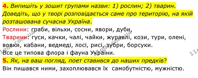 4. Випишіть у зошит групами назви: 1) рослин; 2) тварин. Доведіть, що у творі розповідається саме про територію, на якій розташована — ГДЗ Українська література 5 клас Заболотний