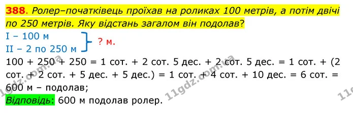 388. Ролер–початківець проїхав на роликах 100 метрів, а потім двічі по 250 метрів. Яку відстань загалом він подолав? — ГДЗ Математика 3 клас Бевз 1 частина