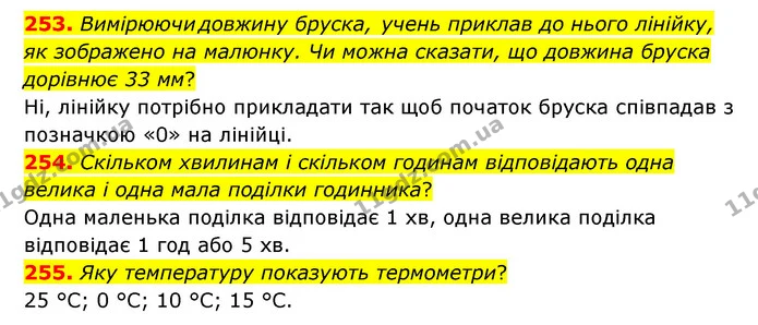 253. Вимірюючи довжину бруска, учень приклав до нього лінійку, як зображено на малюнку. Чи можна сказати, що довжина бруска дорівнює 33 — ГДЗ Математика 5 клас Бевз