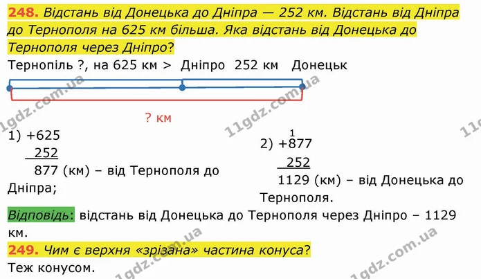 248. Відстань від Донецька до Дніпра — 252 км. Відстань від Дніпра до Тернополя на 625 км більша. Яка відстань від Донецька до — ГДЗ Математика 4 клас Заїка