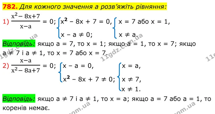 782. Для кожного значення a розв’яжіть рівняння: — ГДЗ Алгебра 8 клас Мерзляк