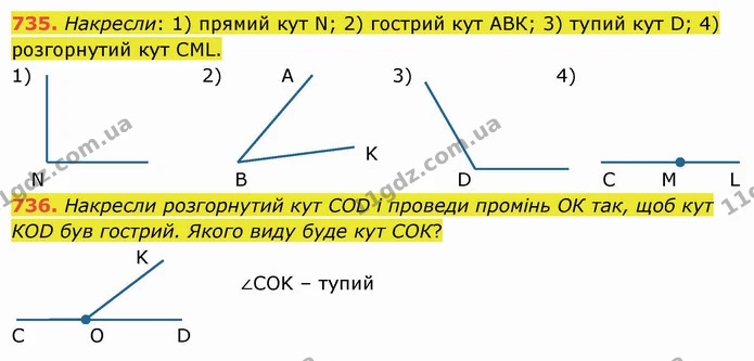 735. Накресли: 1) прямий кут N; 2) гострий кут АВК; 3) тупий кут D; 4) розгорнутий кут СML. — ГДЗ Математика 5 клас Істер 2022