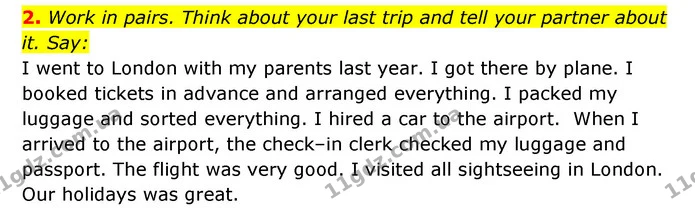2. Work in pairs. Think about your last trip and tell your partner about it. Say: — ГДЗ Робочий зошит Англійська мова 6 клас Карпюк