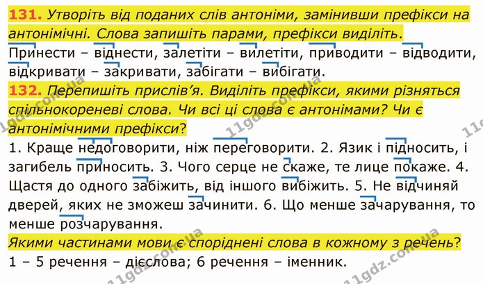 131. Утворіть від поданих слів антоніми, замінивши префікси на антонімічні. Слова запишіть парами, префікси виділіть. — ГДЗ Українська мова 5 клас Глазова 2022