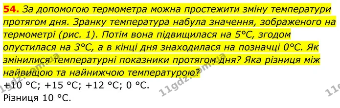 54. За допомогою термометра можна простежити зміну температури протягом дня. Зранку температура набула значення, зображеного на — ГДЗ Математика 6 клас Біос 1-2 ч.