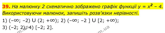 39. На малюнку 2 схематично зображено графік функції y = x2 – 4. Використовуючи малюнок, запишіть розв’язки нерівності. — ГДЗ Алгебра 9 клас Істер