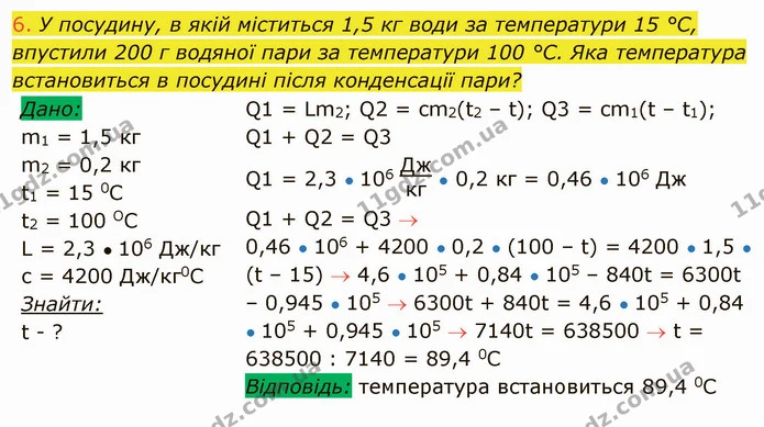 6. У посудину, в якій міститься 1,5 кг води за температури 15 °С, впустили 200 г водяної пари за температури 100 °С. Яка температура — ГДЗ Фізика 8 клас Засєкіна