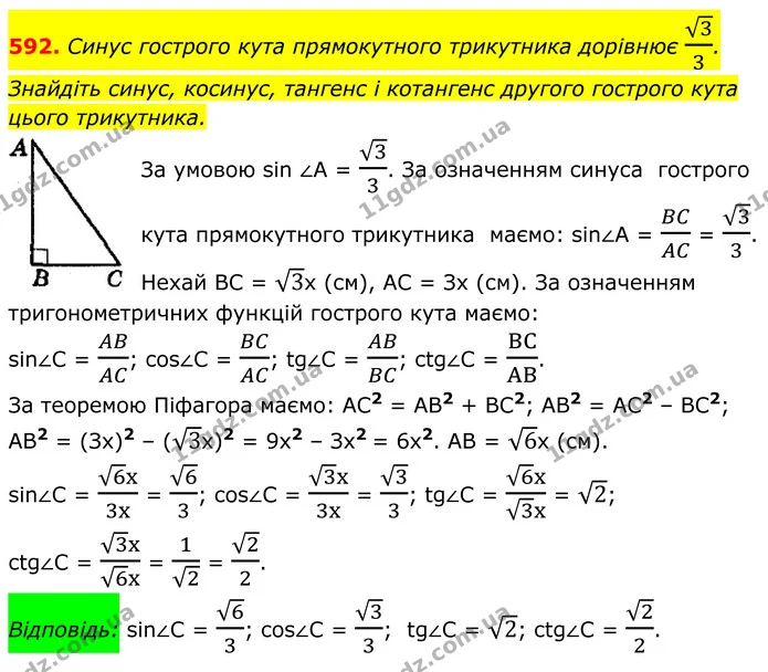 592. Синус гострого кута прямокутного трикутника дорівнює 33. — ГДЗ Геометрія 8 клас Мерзляк