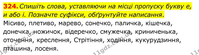 324. Спишіть слова, уставляючи на місці пропуску букву е, и або і. Позначте суфікси, обґрунтуйте написання. — ГДЗ Українська мова 6 клас Заболотний 2020