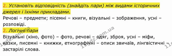 2. Установіть відповідність (знайдіть пари) між видами історичних джерел і їхніми прикладами. — ГДЗ Вступ до історії України 5 клас Щупак