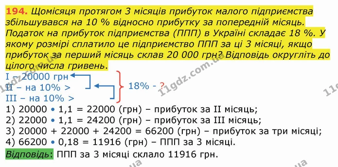 194. Щомісяця протягом 3 місяців прибуток малого підприємства збільшувався на 10 % відносно прибутку за попередній місяць. Податок на — ГДЗ Алгебра 8 клас Істер 2021