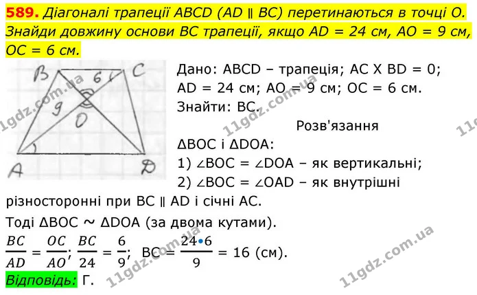 589. Діагоналі трапеції ABCD (AD ∥ BC) перетинаються в точці О. — ГДЗ Геометрія 8 клас Бевз