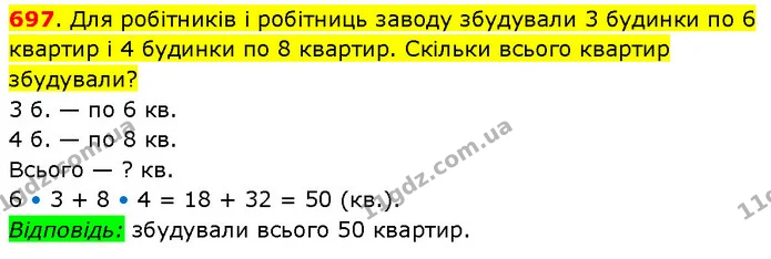 697. Для робітників і робітниць заводу збудували 3 будинки по 6 квартир і 4 будинки по 8 квартир. Скільки всього квартир збудували? — ГДЗ Математика 3 клас Будна 1-2 ч.