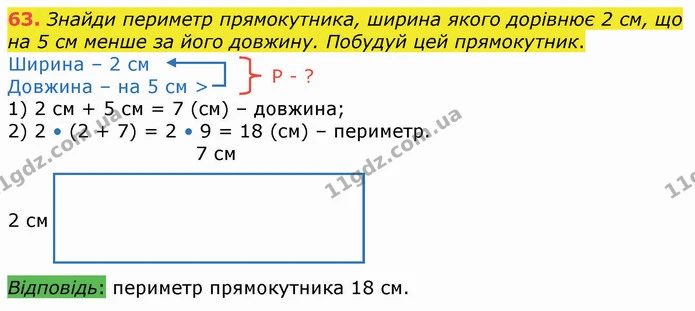 63. Знайди периметр прямокутника, ширина якого дорівнює 2 см, що на 5 см менше за його довжину. Побудуй цей прямокутник. — ГДЗ Математика 4 клас Оляницька