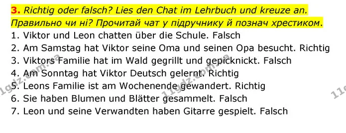 3. Richtig oder falsch? Lies den Chat im Lehrbuch und kreuze an. Правильно чи ні? Прочитай чат у підручнику й познач хрестиком. — ГДЗ Робочий зошит Німецька мова 6 клас Гоголєва