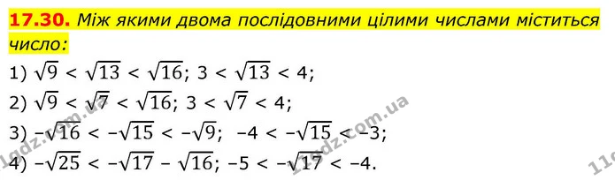 17.30. Між якими двома послідовними цілими числами міститься — ГДЗ Алгебра 9 клас Істер