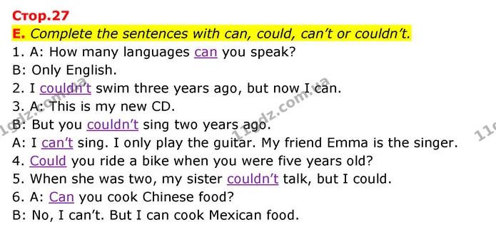 E. Complete the sentences with can, could, can’t or couldn’t. — ГДЗ Робочий зошит Англійська мова 6 клас Мітчелл