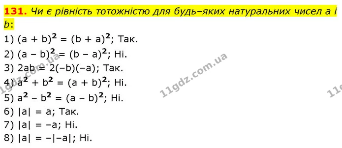 131. Чи є рівність тотожністю для будь–яких натуральних чисел а і b: — ГДЗ Алгебра 7 клас Тарасенкова 2024