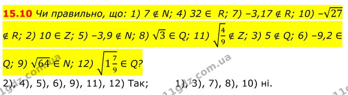 15.10 Чи правильно, що: 1) 7 ∉ N; 4) 32 ∈ R; 7) –3,17 ∉ R; 10) –27 ∉ R; 2) 10 ∈ Z; 5) –3,9 ∉ N; 8) 3 ∈ Q; 11) 49 ∉ Z; 3) 5 ∉ Q; 6) –9,2 — ГДЗ Алгебра 8 клас Істер