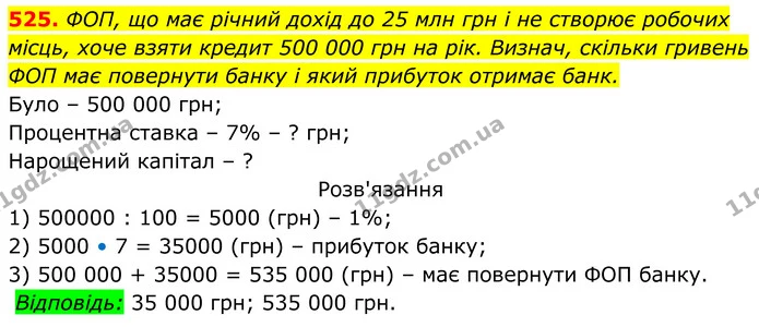 525. ФОП, що має річний дохід до 25 млн грн і не створює робочих місць, хоче взяти кредит 500 000 грн на рік. Визнач, скільки гривень — ГДЗ Алгебра 7 клас Бевз