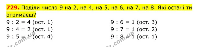 729. Поділи число 9 на 2, на 4, на 5, на 6, на 7, на 8. Які остачі ти отримаєш? — ГДЗ Математика 3 клас Будна 1-2 ч.