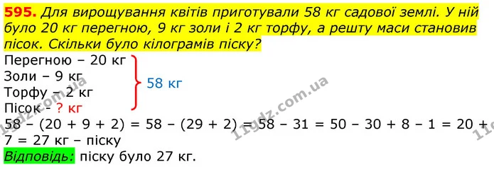 595. Для вирощування квітів приготували 58 кг садової землі. У ній було 20 кг перегною, 9 кг золи і 2 кг торфу, а решту маси становив — ГДЗ Математика 3 клас Лишенко (1, 2 частина)