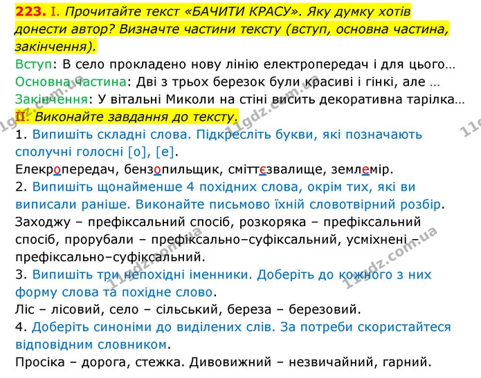 223. І. Прочитайте текст «БАЧИТИ КРАСУ». Яку думку хотів донести автор? Визначте частини тексту (вступ, основна частина, закінчення). — ГДЗ Українська мова 6 клас Заболотний 2023