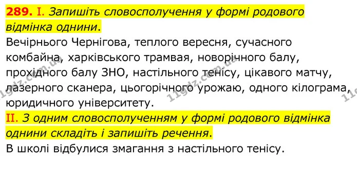 289. І. Запишіть словосполучення у формі родового відмінка однини. — ГДЗ Українська мова 6 клас Заболотний 2020