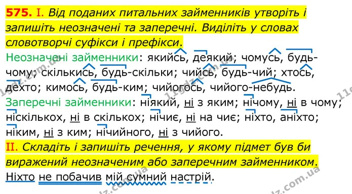 575. І. Від поданих питальних займенників утворіть і запишіть неозначені та заперечні. Виділіть у словах словотворчі суфікси і — ГДЗ Українська мова 6 клас Заболотний 2020