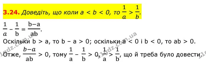 3.24. Доведіть, що коли a < b < 0, то 1a > 1b. — ГДЗ Алгебра 9 клас Мерзляк 2026