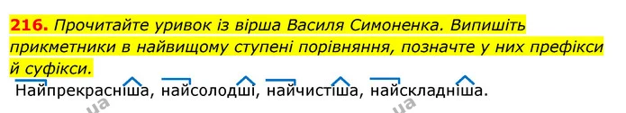 216. Прочитайте уривок із вірша Василя Симоненка. Випишіть прикметники в найвищому ступені порівняння, позначте у них префікси й — ГДЗ Українська мова 6 клас Ворон, Солопенко