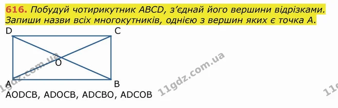 616. Побудуй чотирикутник АВСD, з’єднай його вершини відрізками. Запиши назви всіх многокутників, однією з вершин яких є точка А. — ГДЗ Математика 4 клас Лишенко 1-2 ч.