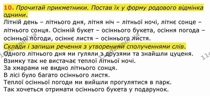 10. Прочитай прикметники. Постав їх у форму родового відмінка однини. — ГДЗ Українська мова 4 клас Вашуленко 2021 (1 частина)