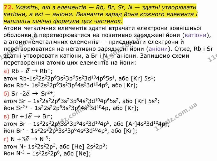 72. Укажіть, які з елементів — Rb, Br, Sr, N — здатні утворювати катіони, а які — аніони. Визначте заряд йона кожного елемента і — ГДЗ Хімія 8 клас Попель