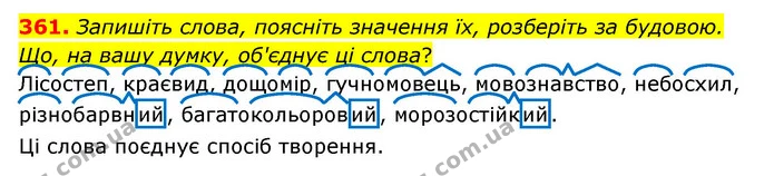 361. Запишіть слова, поясніть значення їх, розберіть за будовою. Що, на вашу думку, об'єднує ці слова? — ГДЗ Українська мова 6 клас Голуб 2023