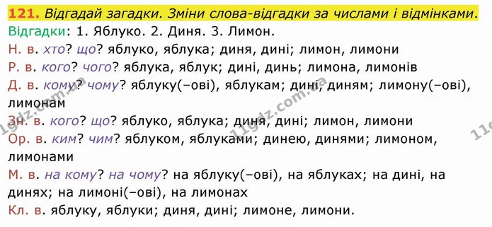121. Відгадай загадки. Зміни слова-відгадки за числами і відмінками. — ГДЗ Українська мова та читання 4 клас Кравцова