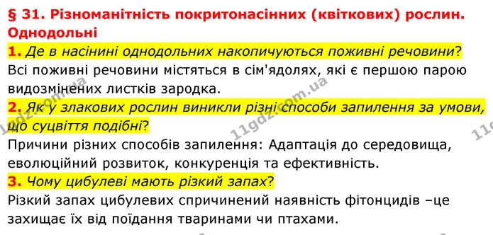1. Де в насінині однодольних накопичуються поживні речовини? — ГДЗ Біологія 7 клас Балан